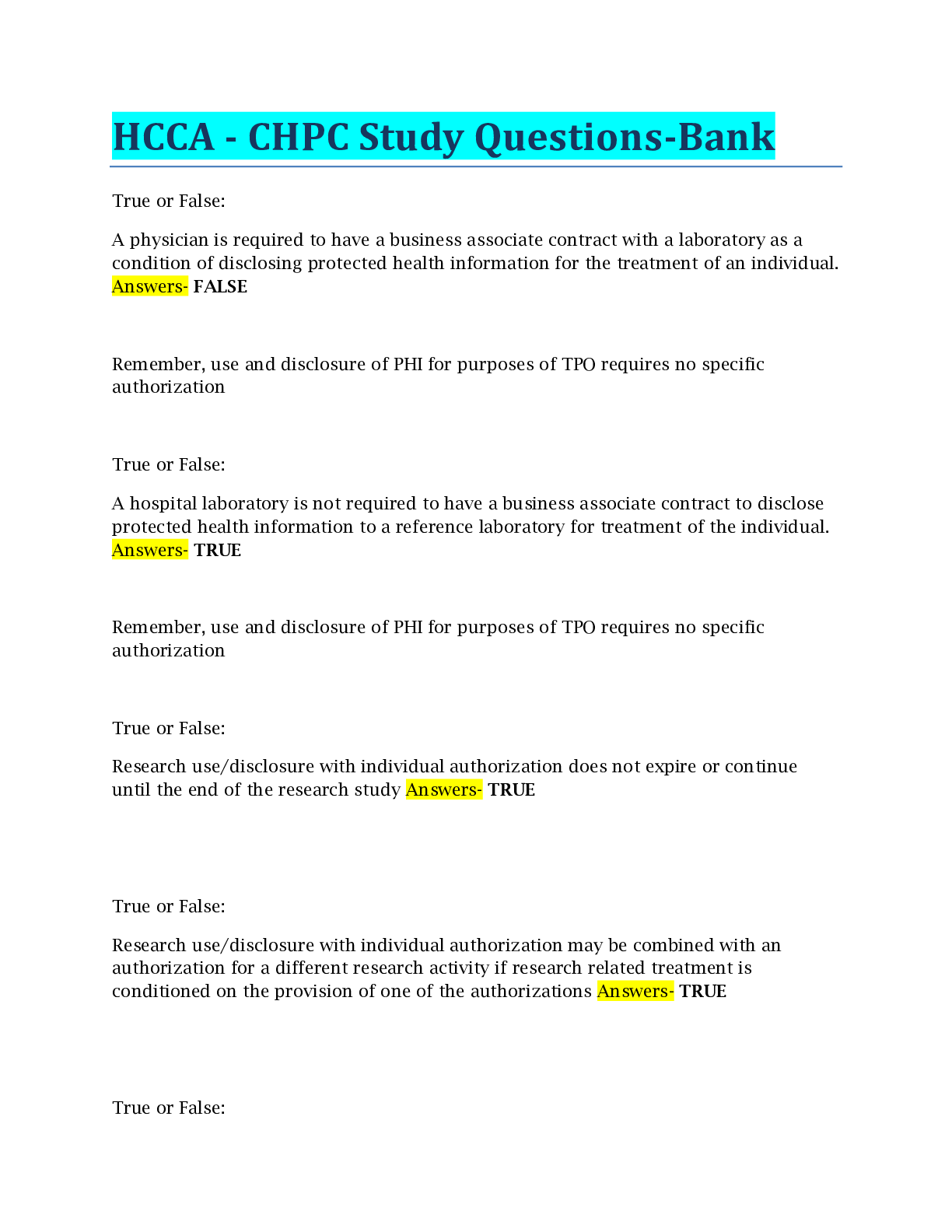 HCCA CHPC Study QuestionsBank (questions with all correct and